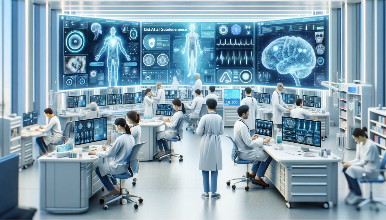 A modern hospital environment where AI plays a crucial role in data governance. The scene includes doctors and nurses using advanced AI-based diagnostics.