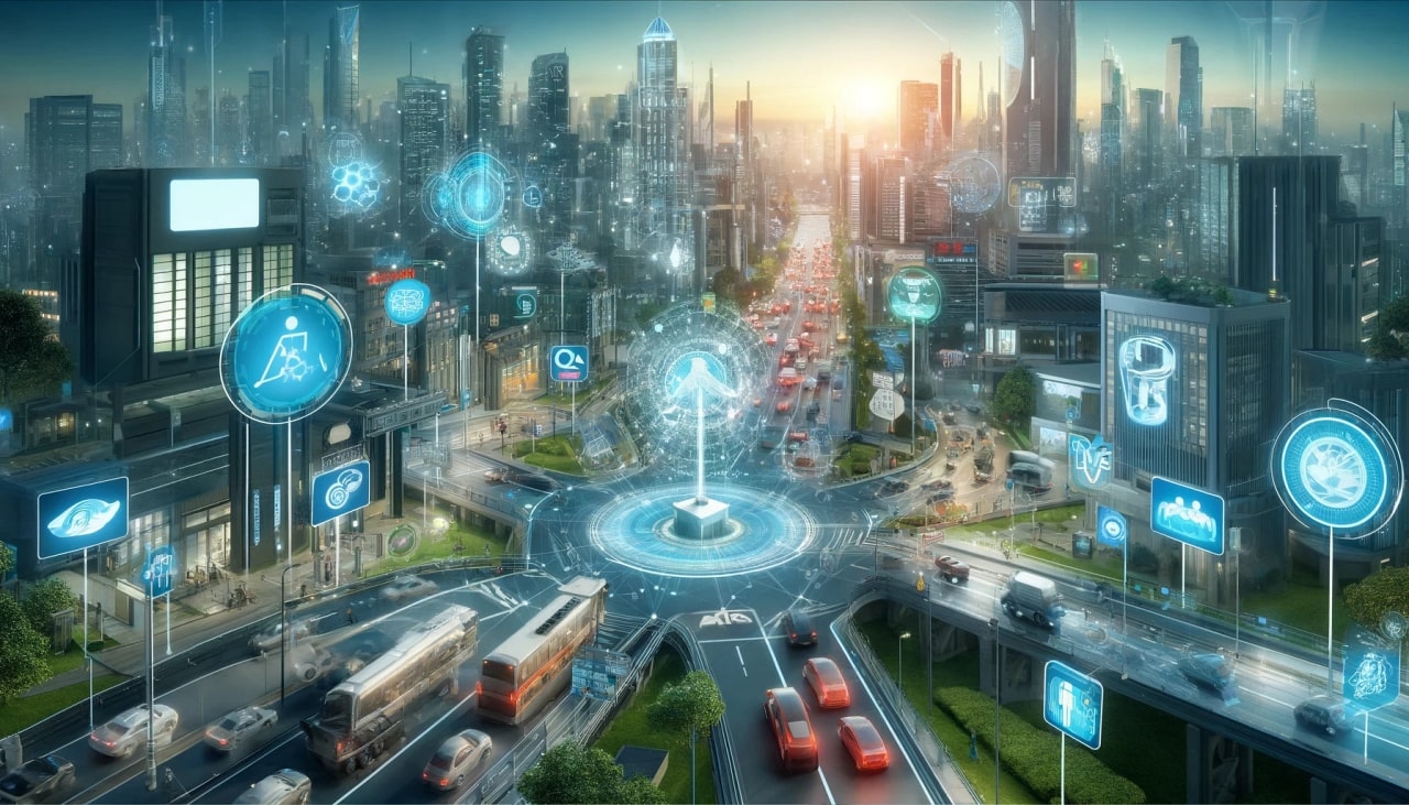 A smart city environment with AI systems managing traffic, energy, and public safety. The scene includes high-tech infrastructure such as smart traffic.