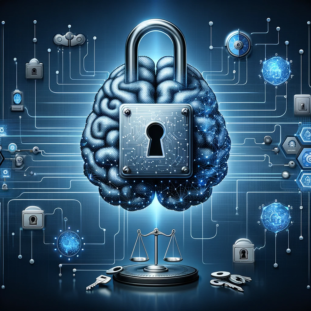 AI-created image illustrating the theme of ethical considerations in AI and Data Governance, depicting a large AI brain with a large, transparent lock.