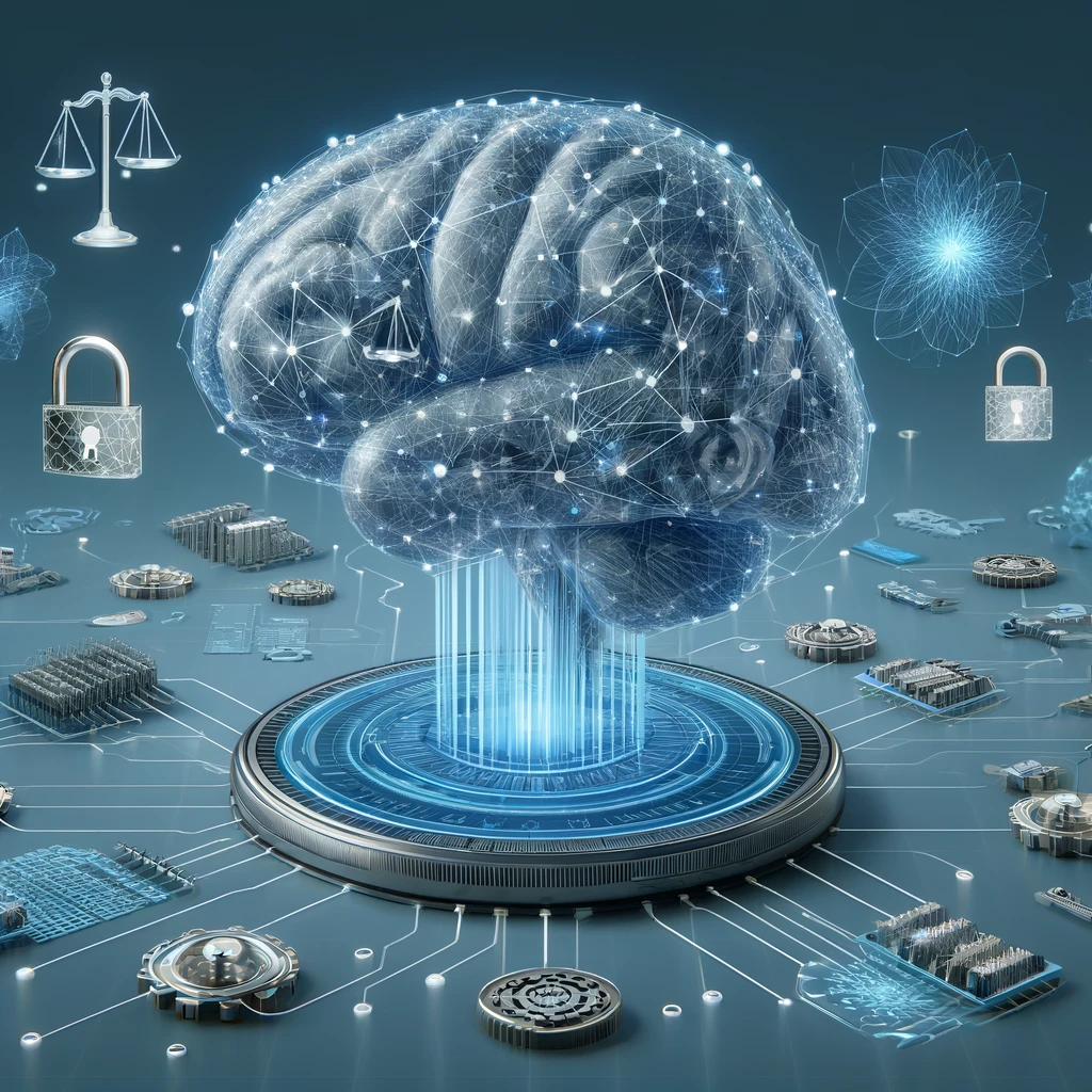 AI-created image illustrating the theme of ethical considerations in AI and Data Governance, depicting a large, transparent AI brain.