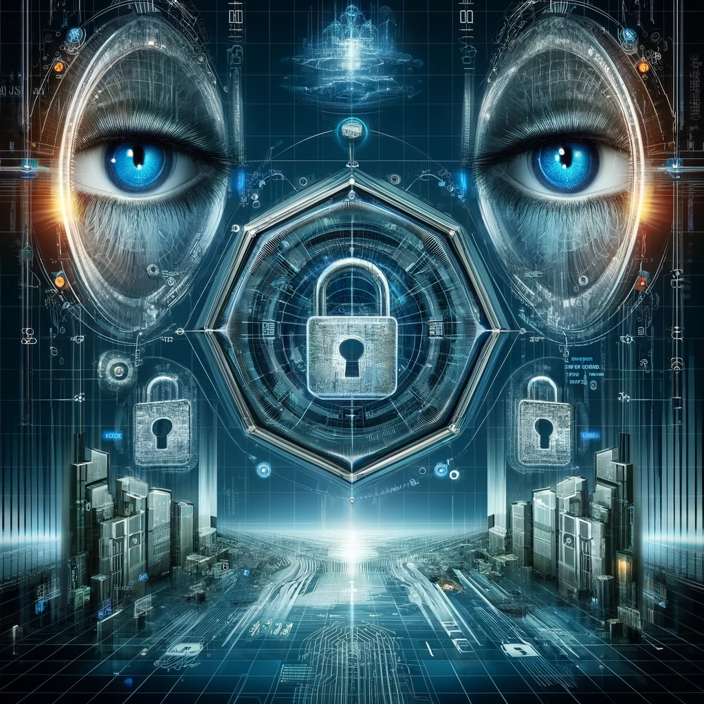 AI-created image illustrating data privacy and ethics with and advanced, futuristic theme featuring eyes and a privacy lock.