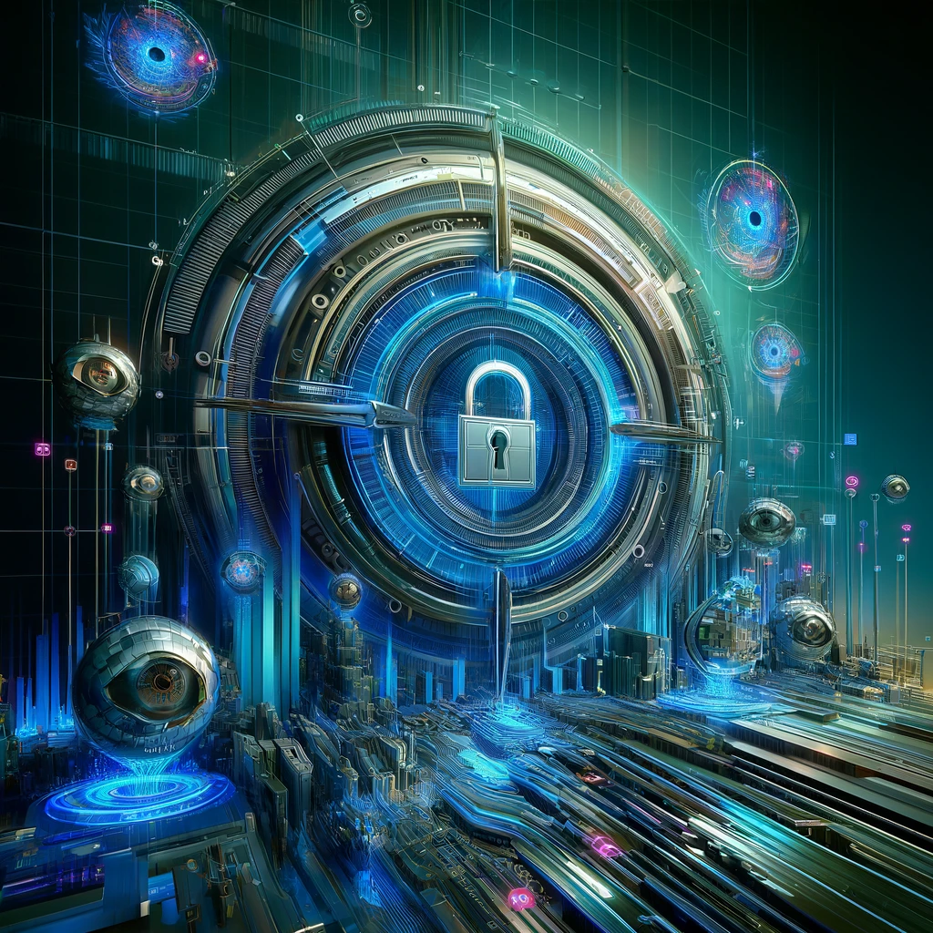 AI-created image featuring futuristic data privacy and ethics theme, displaying an ultra-advanced digital landscape with digital privacy barriers.