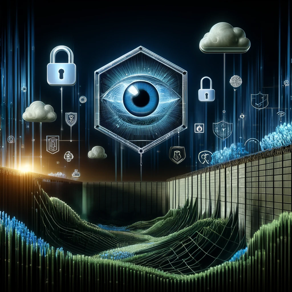 image centered on the theme of data privacy and ethics. Visualize a digital landscape with fortified digital walls and barriers, symbolizing privacy protection.