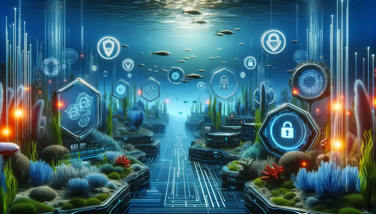 A futuristic underwater landscape focused on data privacy and compliance software. The scene includes digital security elements like locks, shields and walls.