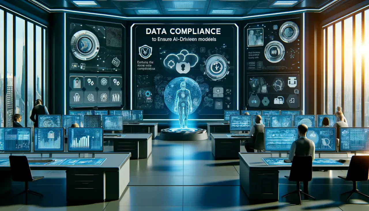 A futuristic business environment where data compliance software is used to ensure AI-driven models are compliant. The scene includes advanced screens.