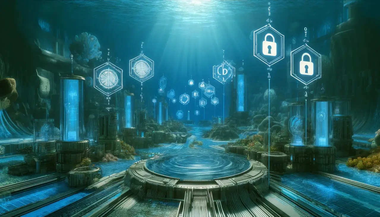 A futuristic underwater landscape focused on data privacy and compliance software. The scene includes digital security elements like locks, shields and digital keys.