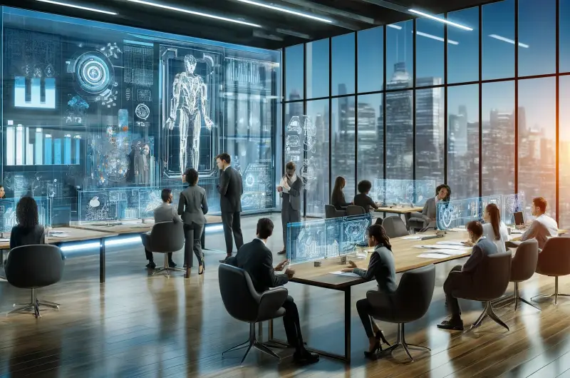 A futuristic office setting where professionals are working on AI regulatory compliance. The environment includes advanced holographic displays.