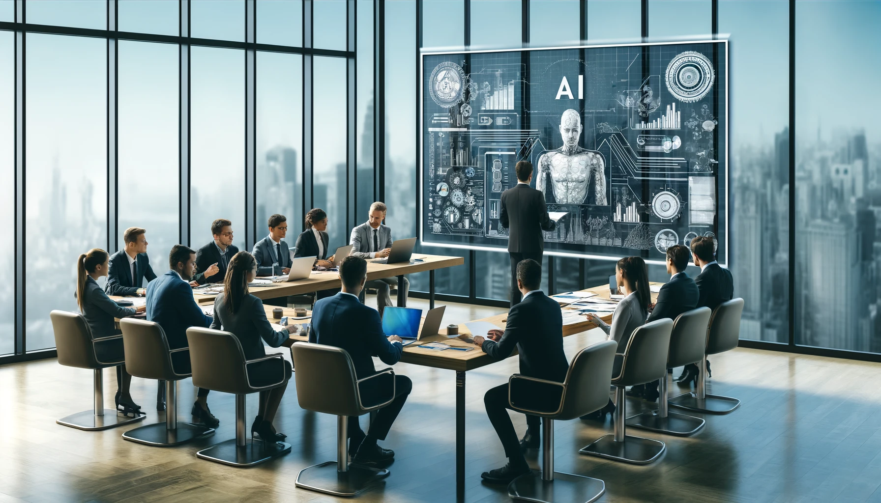 A group of business professionals in a modern office environment working on AI regulatory compliance.