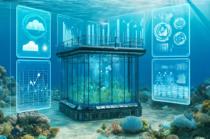 An underwater themed image focused on regulatory compliance in AI projects. The scene includes advanced underwater structures with transparent walls.