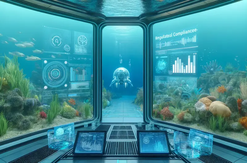 An underwater themed image focused on regulatory compliance in AI projects. The scene includes advanced underwater structures with transparent walls and computers.
